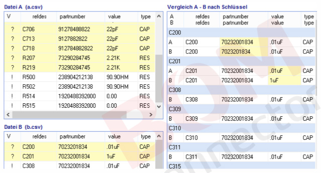 Scrennshot BC-CHECK Darstellung zeigt Bestandaufnahme von Einzelteilen in Tabellen